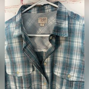 Women’s Filson vented hiking short medium blue plaid performance fabric